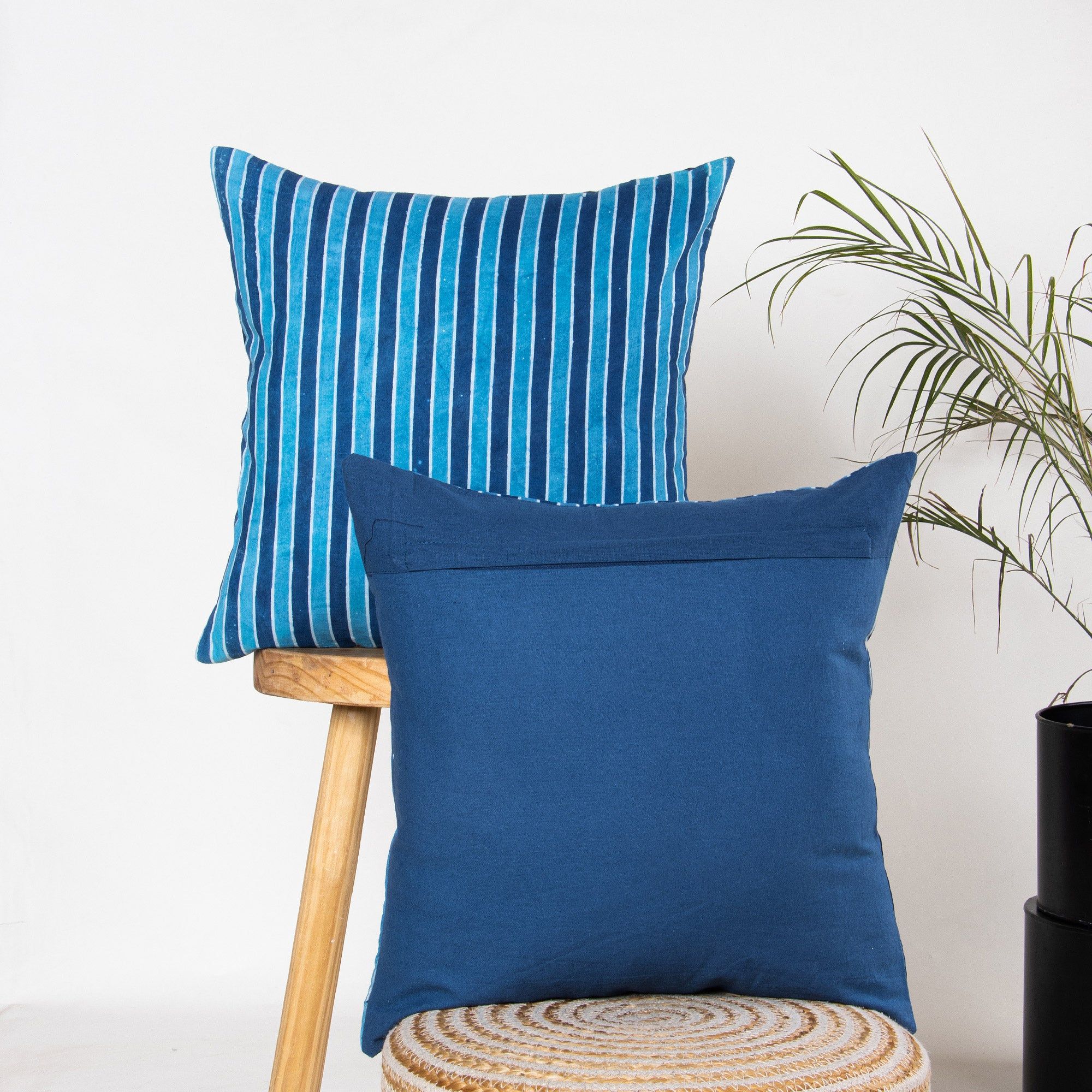 Stripes Hand Block Blue Printed Cotton Cushion Cover 16x16